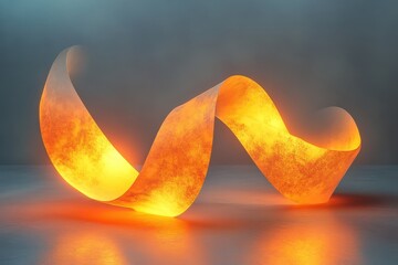 Poster - Abstract glowing ribbon sculpture illuminates a modern exhibition space at dusk