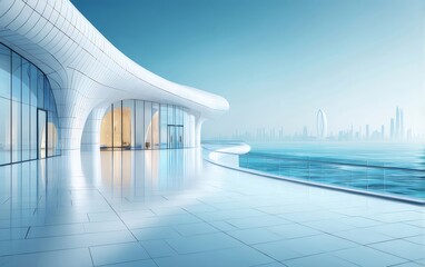 Poster - 未来的な白い建築デザインの建物が青い海と空を背景に映える美しい景色