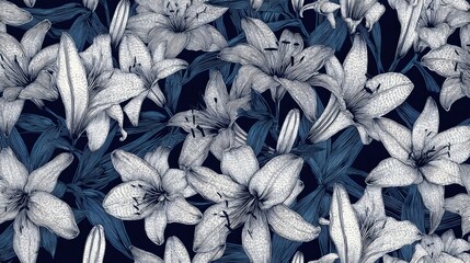 Poster - White lilies creating a stunning floral pattern on dark blue background