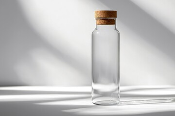 Aufkleber - Empty glass bottle with cork lid on white background casting shadows