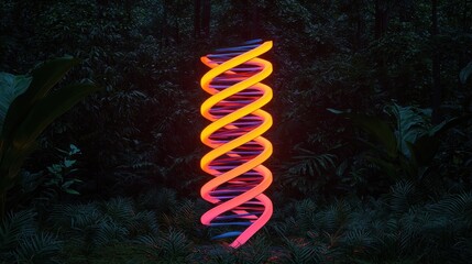 Poster - Colorful Neon Spiral Light in a Lush Green Jungle Environment at Dusk