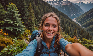 Aufkleber - Smiling woman is taking a selfie in the woods. She is wearing a blue jacket and a backpack