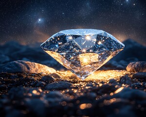 a brilliant diamond rests on a bed of dark stones under a starlit night sky. the diamond glows with 
