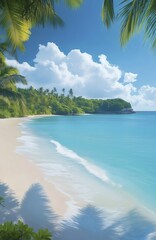 Aufkleber - 青い海と白い砂浜にヤシの木が並ぶ熱帯ビーチの風景 晴れた夏の日の美しい景色