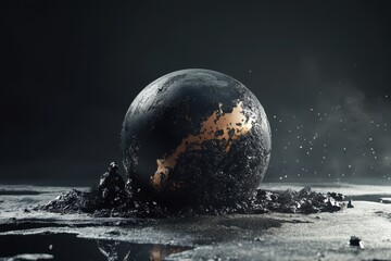 Poster - Dark globe emerging from black liquid at an abstract art installation in a dimly lit space