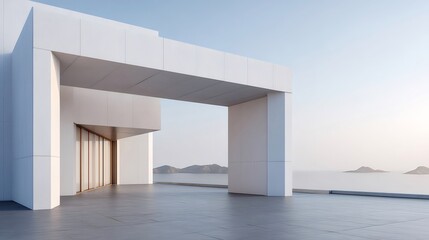 Poster - 海と空を背景にした白い建築物の屋外ビュー 現代的なミニマリストデザイン 穏やかな環境と明るい光