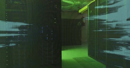 Poster - Server racks lining aisle, overhead cables running and indicator LEDs blinking in green-lit 3D