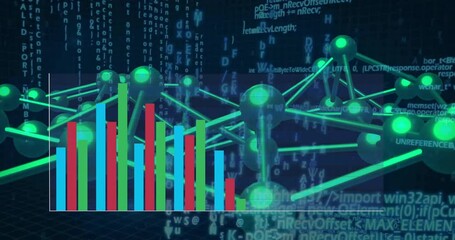 Poster - Glowing green molecular network floating over 3D render code backdrop, featuring colored bar chart