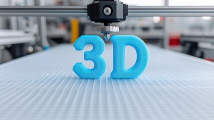 Poster - Close-up of 3D Printing Process with Blue Plastic Number on Printer Bed in Modern Workshop Setting
