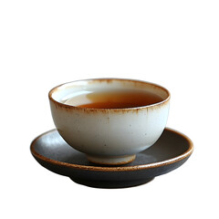 Poster - A close up studio photo of a simple elegant porcelain tea cup filled with oolong tea set against a seamless white background with soft natural lighting