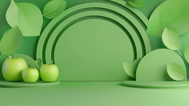 Green Apples Displayed on a Green Background with Leaves