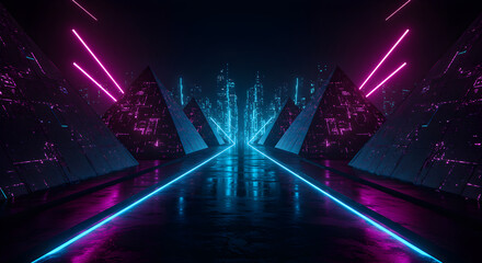 Futuristic Cyberpunk Cityscape With Glowing Neon Pyramids And Line Elements
