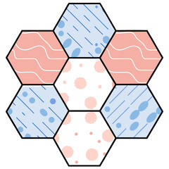 Poster - Stylish hexagon pattern with soft colors and varied textures, creating modern and playful design, on white background, commercial use