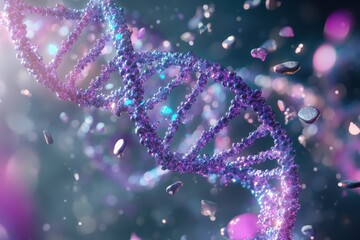 Poster - colorful representation of dna strands with shimmering particles in vibrant background