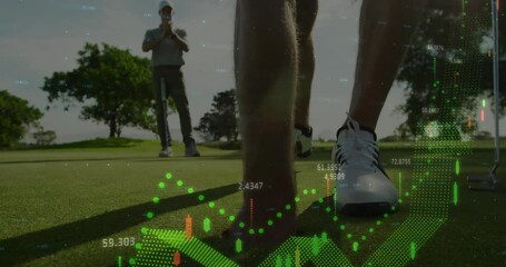 Poster - Golf instructor conducting training on green while partner watching with animated data overlays