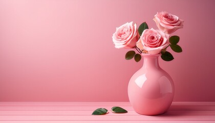 Wall Mural - pink vase with pink rose on pink background