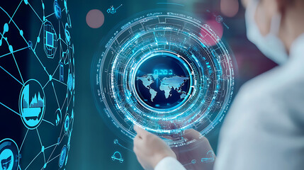 Poster - Innovative technology advancements in data visualization global network digital interface modern workspace user perspective