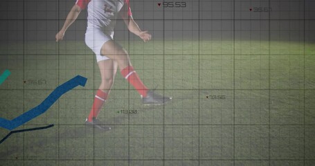 Poster - male soccer player kicking on grass field, featuring sports technology grid and rising metrics