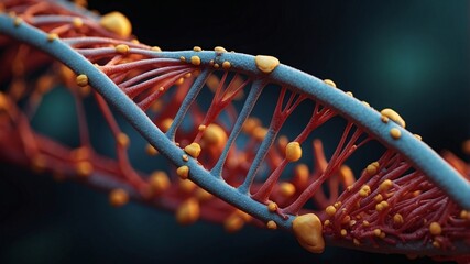 Poster - a detailed, 3d rendering of a double helix DNA structure in its complex, detailed form. The blue helix stands out on the dark background with strands of orange.
