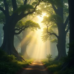 Poster - a path through a mystical forest illuminated by warm sunlight, creating an ethereal atmosphere 