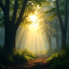 Poster - a stunning view of a sunlit forest path with sunlight streaming through trees