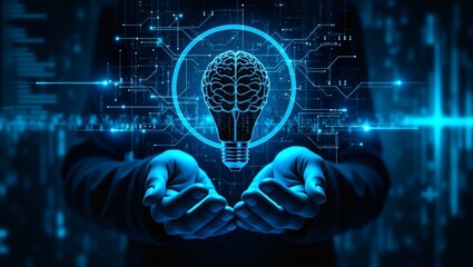 Poster - A person in a dark-colored hooded sweatshirt holds their hands open, with a glowing lightbulb with a brain inside. The lightbulb and brain are surrounded by blue glowing circuitry lines.