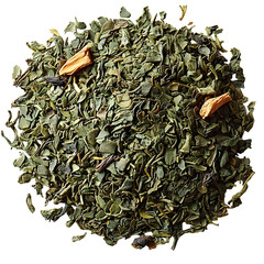 Poster - A detailed close up studio photograph showcasing the natural textures and vibrant colors of loose leaf green tea leaves on a seamless white background