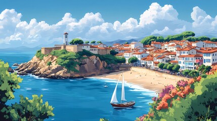Poster - 地中海の海岸沿いの町のイラスト 青い海と青空のビーチ 夏の観光地 海岸の景色