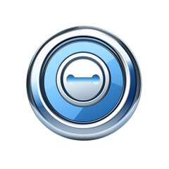 Poster - A close up of a shiny silver and blue round button with a keyhole shape in the center design element png