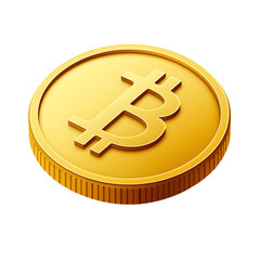 Poster - Minimalist SVG style icon of a tilted shiny golden bitcoin or cryptocurrency coin on a clean white background representing digital financial technology and transactions