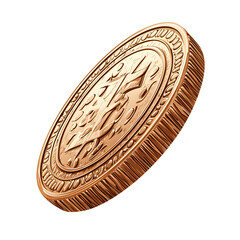 Poster - Detailed of a spinning gold or bronze coin with intricate decorative patterns centered on a clean minimalist white background for a design aesthetic