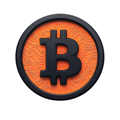 Poster - Stylized icon representing the decentralized digital cryptocurrency known as Bitcoin featuring the iconic symbol against an abstract orange and black geometric background