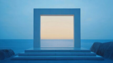 Poster - 海に面した正方形の開口部 青い海と夕焼けの空 幾何学的な石造りの建造物 屋外の風景