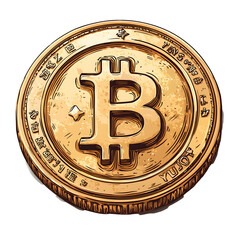 Poster - A close up view of a shiny gold colored Bitcoin cryptocurrency coin with the iconic  B  symbol in the center representing the decentralized digital currency and payment system