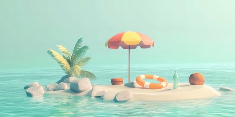 Poster - ミニチュアビーチの島と水面 夏の太陽の下での楽園の風景 傘とライフブイのカラフルなイラスト