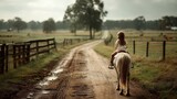 Child riding pony farm realistic photograph countryside rear view midjourney
