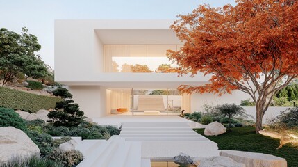 Poster - Architectural minimalism with pure white facade and zen-inspired garden decor