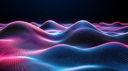 Poster - 3D particles in motion forming symmetrical wave patterns in a holographic-style environment