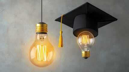 Poster - Conceptual flat lay of a light bulb and academic hat symbolizing learning and ideas