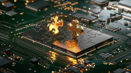 Poster - Connection metaphor: glowing puzzle pair on digital circuitry background