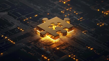 Poster - Connection metaphor: glowing puzzle pair on digital circuitry background