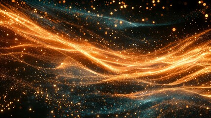 Poster - Glowing particles arranged in dynamic waves across a digital space, suggesting AI data flow and communication