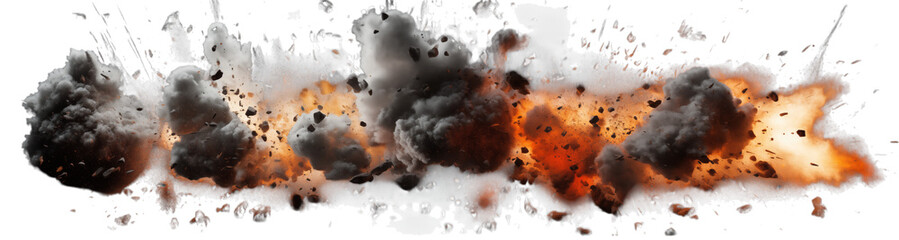 Wall Mural - an explosion with smoke and debris against a transparent background with orange and white light visi