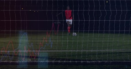 Poster - male soccer player kicking ball through goal net showing sports analytics line graph percentages