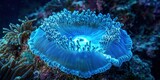 A glowing blue sea anemone with intricate patterns, resting on a coral reef