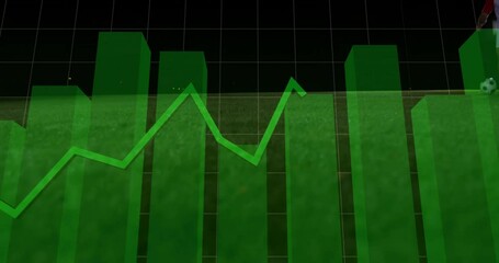 Poster - soccer player kicking ball on pitch, overlaying 3D green chart and line graph for sports tech