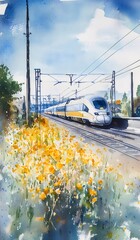 Aufkleber - 水彩画の電車が走る風景 鮮やかな黄色い花が咲き乱れる草地と青空が広がる夏の情景