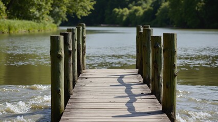 Poster - Empty wooden jetty over flowing water in front of green blurred background
