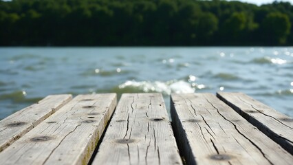 Poster - Empty wooden jetty over flowing water in front of green blurred background