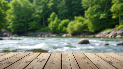 Poster - Empty wooden jetty over flowing water in front of green blurred background